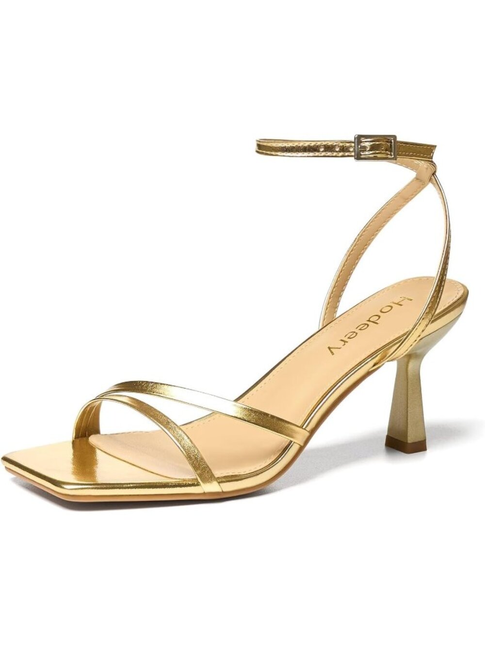 〽️Women's Gold Strappy Square Toe Kitten Heels Ankle Strap Wedding Party Sandals